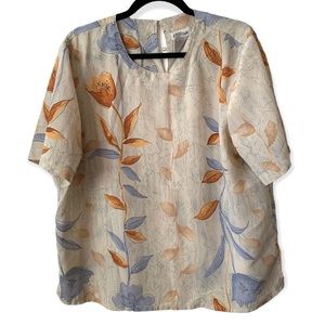 5/$20 Modern essentials beige gold blue tan floral shortsleeve blouse top shirtL